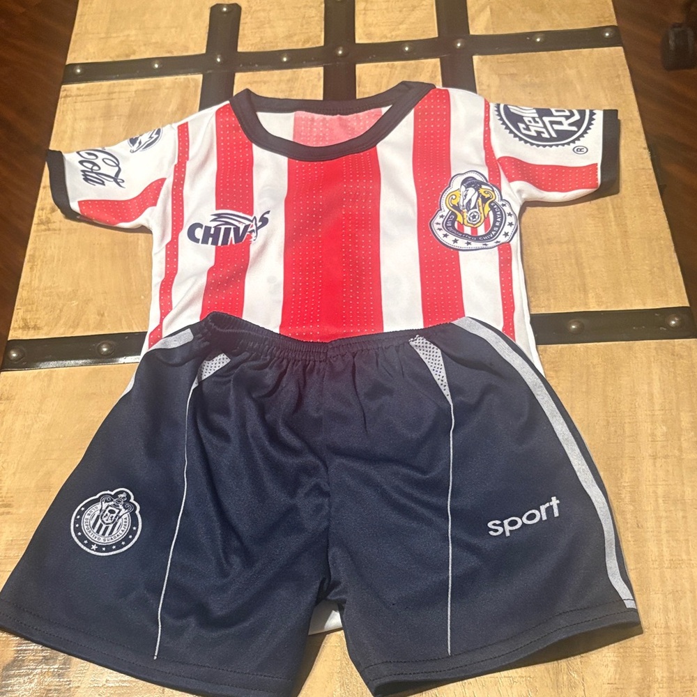 Kids Red & White Striped Soccer Top with Navy Athletic Shorts